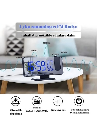 Led Dijital Projeksiyonlu Saat Masaüstü-usb'li Fm Radyolu-4 Parlaklık Mod Siyah
