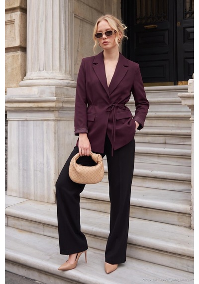 Lela Puantiye Astarlı Belden Bağlamalı Blazer Ceket Kadın Ceket 6524049 Mürdüm