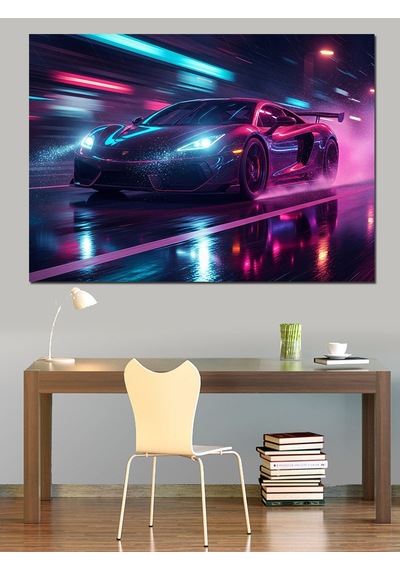 Gece Yarısı Neon Spor Araba Dekoratif Kanvas - Mdf Ahşap Tablo