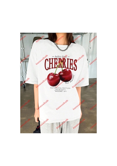 Tarzsokak Red Cherries Baskılı Oversize Unisex Tshirt Beyaz