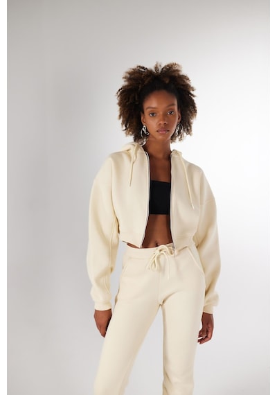 Holly Lolly Kadın Bej Kapüşonlu Uzun Kol Fermuarlı Crop Mixed Sweat