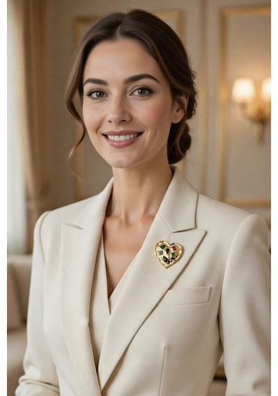 Renkli Taşlı Gold Kalp Form Kadın Şık Hediyelik Broş Sarı