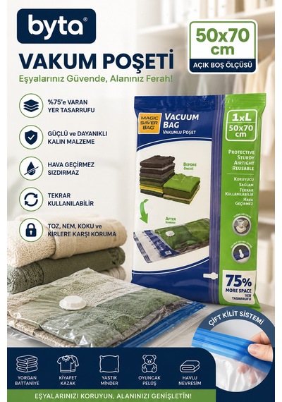 Vakumlu Hurç Poşeti 50x70 Cm Vakum Torbası Yer Tasarruflu Saklama Poşeti Şeffaf