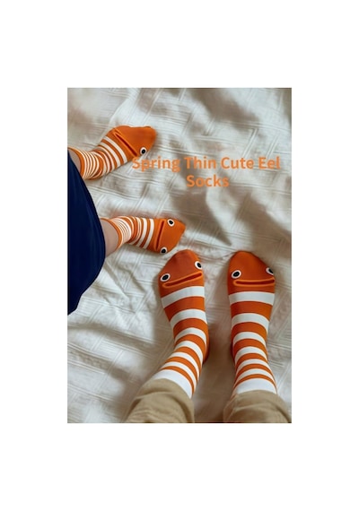 Hitit Socks Kadın 4 Çift Sevimli Yılan Balığı Desenli Ve Çizgili Uzun Soket Çorap Turuncu Çizgili