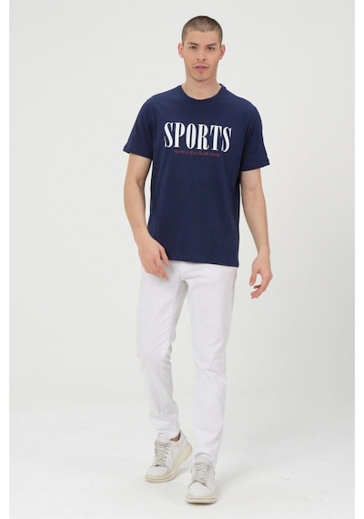 Rich Erkek Lacivet Basic T-shirt Baskılı Slim Fit %100 Pamuk Tişört Lacivert