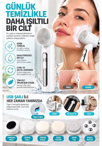 Tr Elektrikli Yüz Temizleme Cihazı, 6 Değiştirilebilir Başlıklı, Beyaz
