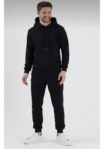 Hırsch Kapüşonlu Siyah Eşofman Takımı Unisex Oversize 2 Iplik Siyah