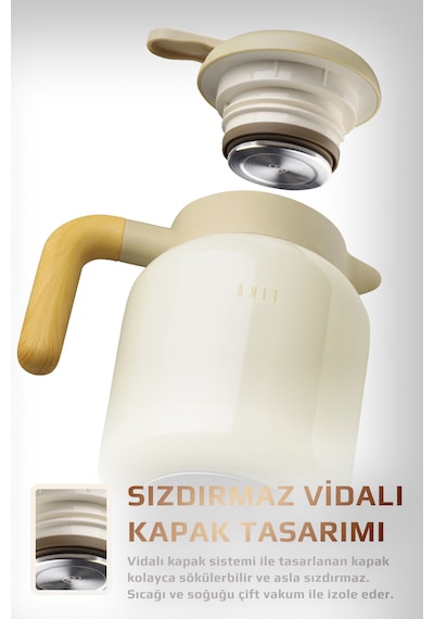 Fika Paeta Çift Katmanlı Sızdırmaz Kapaklı Çelik Orta Boy Sürahi Termos 1300 Ml Bej