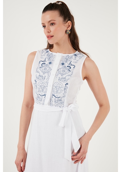 Lela Nakışlı Regular Fit Kolsuz Midi Bayan Elbise 611El00959 Ekru-Indigo