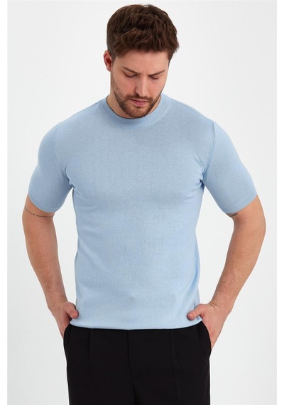 Cool Tarz Mavi Erkek Yarım Balıkçı Düz Triko T-shirt-trz19129r09s Mavi Mavi