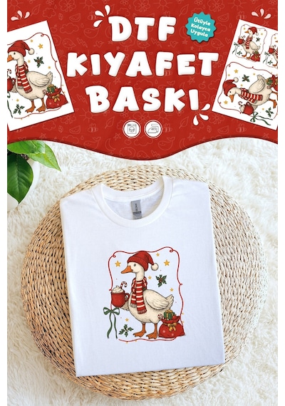 Sevimli Kaz Yılbaşı Kumaş Baskı Yapılabilen Özel Tasarım Ütü Ile Yapışan Tekstil Dtf Baskı Görseli Çok Renkli