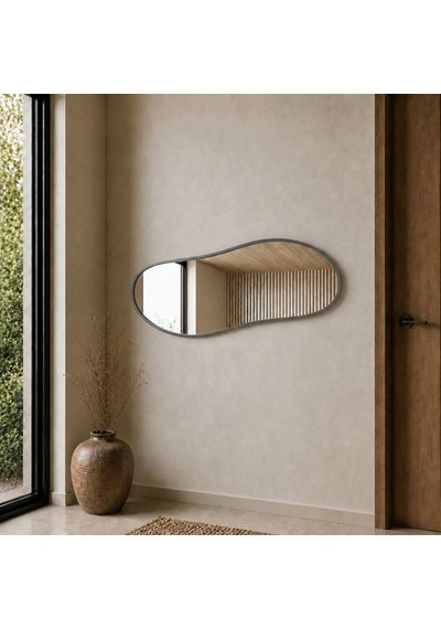 Modern Organik Form Banyo Aynası 40x120 Cm Asimetrik Minimalist Dekoratif Duvar Aynası Gri