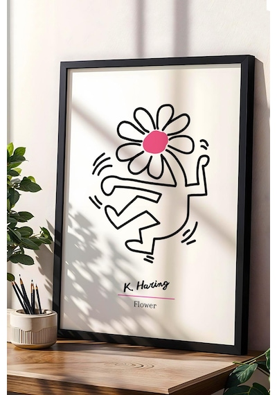 Keith Haring Flower Çerçeveli Tablo - Dans Eden Çiçek - Eklektik Tarz Duvar Dekoru