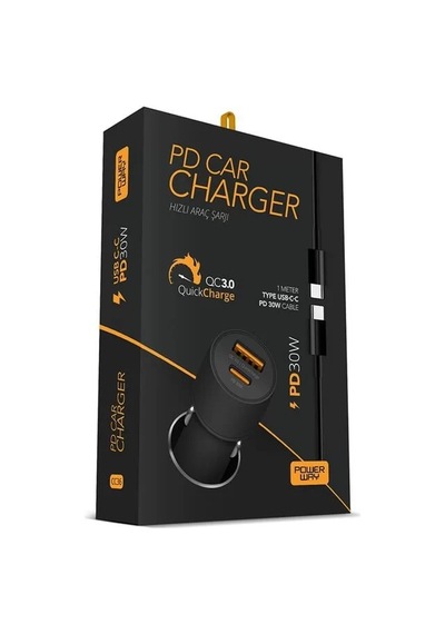 Cc36 30w Pd + Qc 3.0 Çift Çıkışlı Metal Araç Çakmaklık Hızlı Şarj Kablolu Set