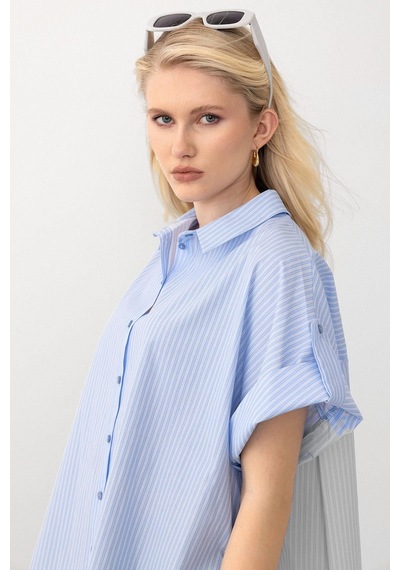 Olcay Yandan Yırtmaçlı Çizgili Poplin Tunik Açık Mavi 9283