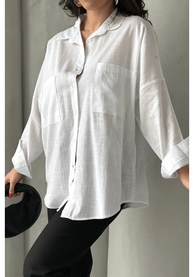 Paw Garage Kadın Harper Çift Cepli Oversize Keten Gömlek, 2025 Summer Collection Beyaz