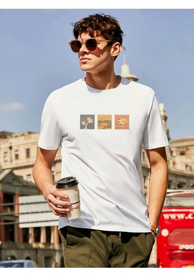 Oversize Unisex Palm Tree Tee Baskılı Bisiklet Yaka Beyaz T-shirt Beyaz