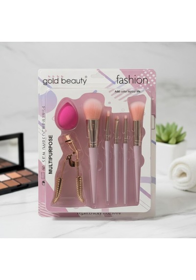 Gold Beauty Kirpik Kıvırıcı Ve Makyaj Süngeri Hediyeli 7 Parça Makyaj Fırçası 2 Paketi
