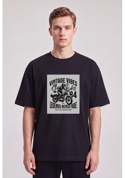 Black Nova Oversize Baskılı Unisex %100 Pamuk T-shirt Vintage Legends Siyah