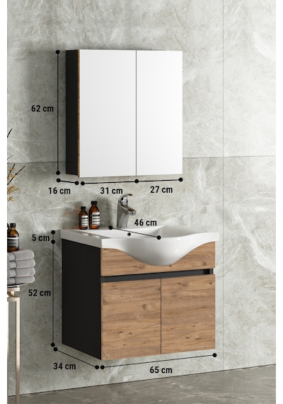 Yıldız 65 Cm Antrasit Gri Mat-Atlantik Çam Mdf Seramik Lavabolu A Antrasit - Atlantik Çam