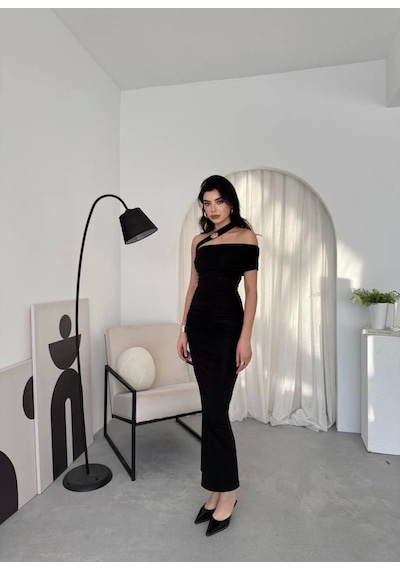 Defymoda Reta Çapraz Omuz Elbise Siyah