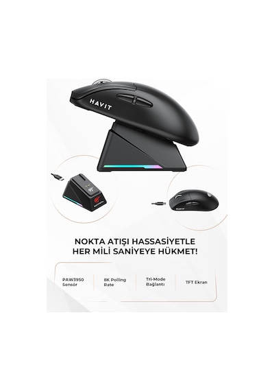 Havit Gamenote M5 Pro Superlight Kablosuz Gaming Mouse - 30.000 Dpı, Paw3950 - Rgb Şarj Standlı - Ekranlı