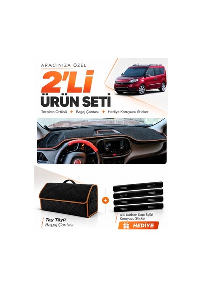 Fıat Doblo 2015-2023 Uyumlu Torpido Örtüsü + Tay Tüyü Bagaj Çantası + Sticker - Siyah Kahverengi