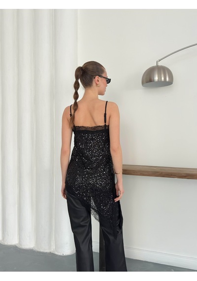Verymoda Dantel Detaylı Askılı Pullu Asimetrik Tunik - D2934 Siyah