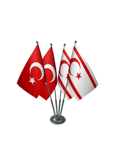 Masa Üstü KKTC Kuzey Kıbrıs Bayrağı Türk Bayrağı Dörtlü Krom Dire