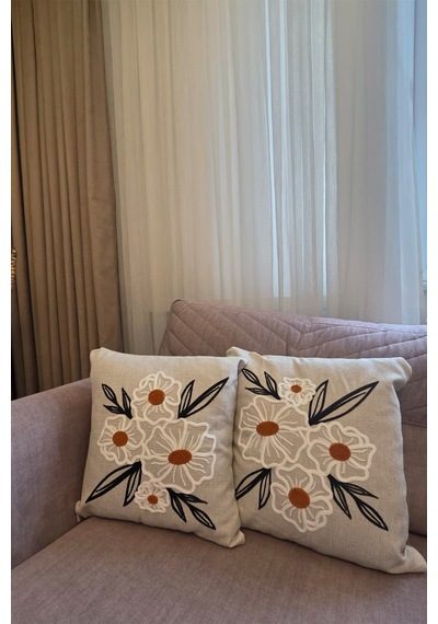 Punch İşlemeli Modern Tasarım Dekoratif 2'li Kırlent Kılıfı Nakışlı Keten 43x43 Cm Papatya