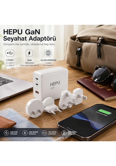 Hepu Hp304 100w Gan Seyahat Adaptörü 4 Farklı Ülke Uyumlu Başlık