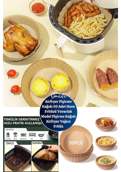 Airfryer Pişirme Kağıdı 50 Adet Hava Fritözü Yuvarlak Model Pişirme Kağıdı Airfryer Yağsız Fritöz