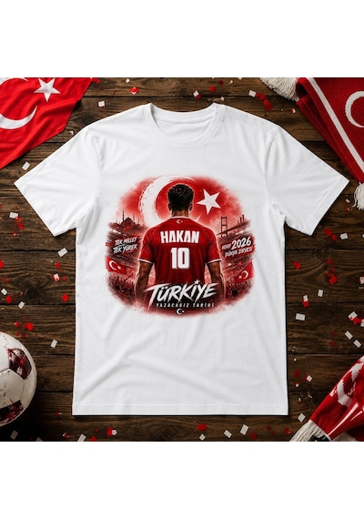 Bk Gift Kişiye Özel Türkiye Taraftar Temalı 2026 Dünya Kupası Tasarımlı Tişört-1, Tek Yürek Milli Takım Ruhu Beyaz