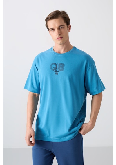 Tommy Life Petrol Mavi Pamuklu Kalın Yumuşak Dokulu Oversize Fit Baskılı Erkek T-shirt - 88333 Petrol Mavi