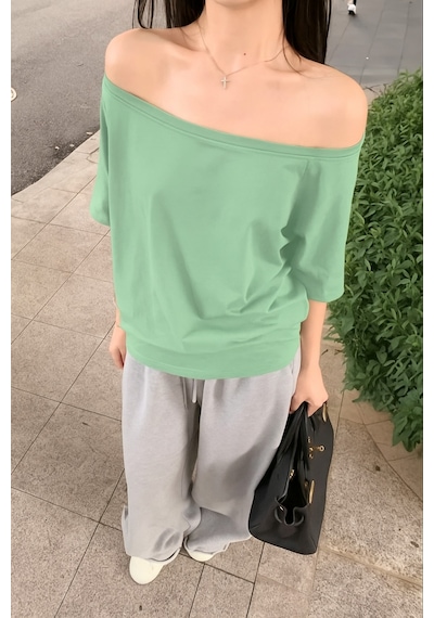 Su Yeşili Kadın Düşük Omuz Kayık Yaka Oversize T-shirt Su Yeşili