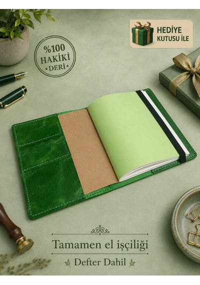 Bilikolik Hakiki Deri A5 Defter Kılıfı, El Yapımı, Telefon Cepli Ajanda Organizer, Defter Ve Kalem Dahil Yeşil