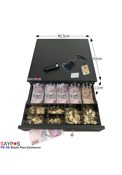 5 Geniş Kağıt Para Gözlü Kolay Açma Buton Adaptörlü, Anahtardan Açılır Para Çekmecesi 40,5x42x11cm