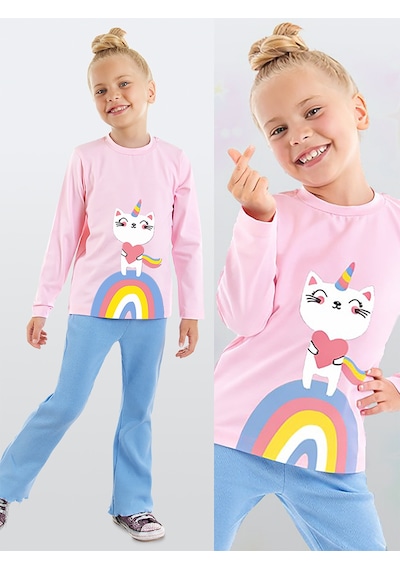 Kız Çocuk Kışlık Kedi Desenli Pamuklu Pembe Uzun Kollu Geniş Paça T-Shirt Pantolon Takımı 2-7 Yaş
