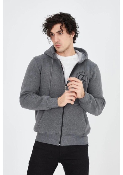 Mbb E-ticaret Erkek 3 İplik Pamuklu Fermuarlı Kapüşonlu Kanguru Cepli Baskılı Hoodie Hırka Sweatshirt - Füme
