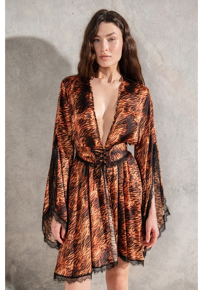 Lioran Desenli Dantel Detaylı Kısa Saten Sabahlık / Kimono Çok Renkli