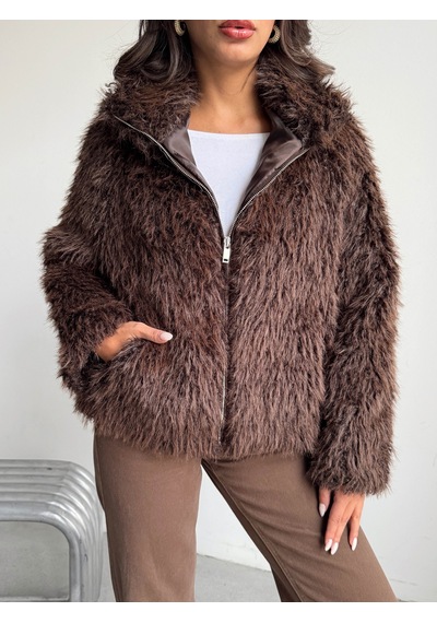 Verymoda Yapay Kürk Kadın Ceket Fermuarlı, Yumuşak Dokulu Modern Kışlık Mont F2037 Koyu Kahve