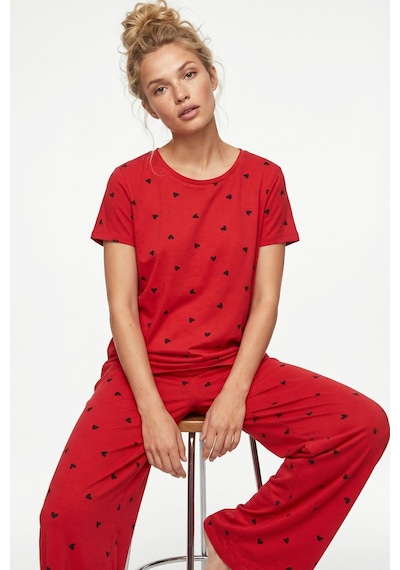 Siyah İnci Kırmızı Kısa Kollu Pamuklu Pijama Takımı
