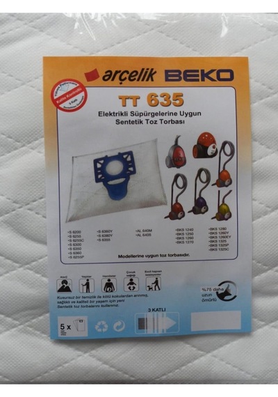 Arçelik Uyumlu Beko Uyumlu Tt 635 Elektrikli Süpürge Sentetik Toz Torbası, 5 Adet, Beyaz