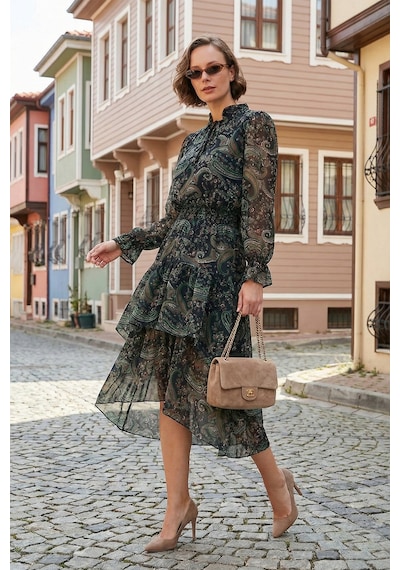 Lela Regular Fit Yaka Detaylı Volanlı Şifon Midi Bayan Elbise 611El1448 Yeşil