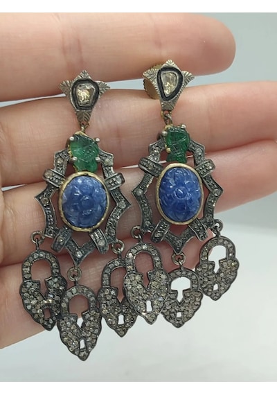 Allahverditürkmen 925 Gümüş Zümrüt Safir Elmas Küpe 276