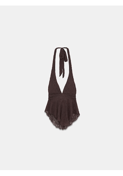 Dilvin 21228 Dantel Halter Yaka Top-koyu Kahve