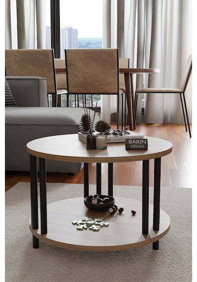 Modern Yuvarlak Orta Sehpa Çift Katlı Siyah Metal Ayaklı Salon, Ofis, Dekoratif Masa Atlantik Çam Modern Yuvarlak Orta Sehpa Çift Katlı Siyah Metal Ayaklı Salon, Ofis, Dekoratif Masa Atlantik Çam