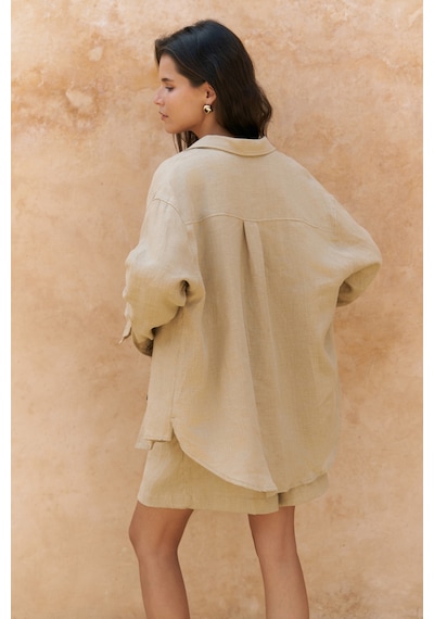 Mai Collection Mai Studios Co. Gaelil Oversize Haki Keten Gömlek Şort Takım Haki
