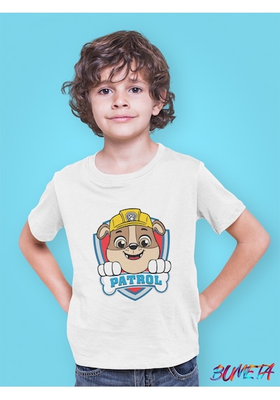 Bumeta Sarı Kasklı Kurtarıcı Rubble Paw Patrol Çocuk Tişört T-shirt Beyaz