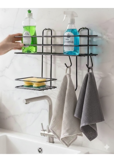 Yapışkanlı 2 Kanca 1 Sabunluk Askılı Banyo Rafı Duş Şampuanlık Duvar Düzenleyici Organizer Siyah